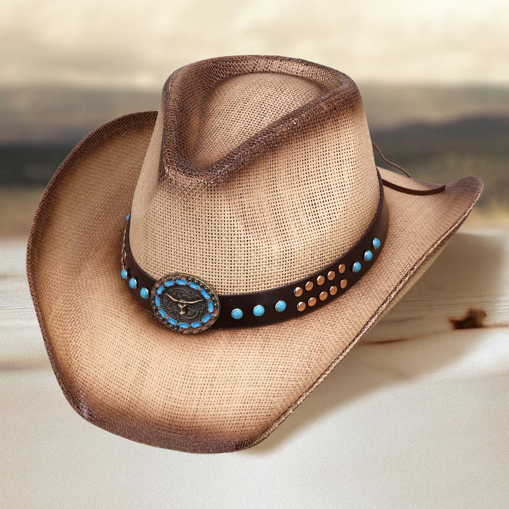 Turquoise Stone Embellished Metal Steer Head Studded Neutral Western Straw Cowboy Fedora Hat - M H W ACCESSORIES LLC
