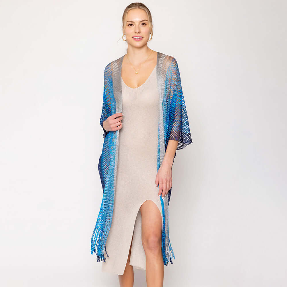 Turquoise Two-Tone Lurex Kimono Poncho for Women - M H W ACCESSORIES LLC