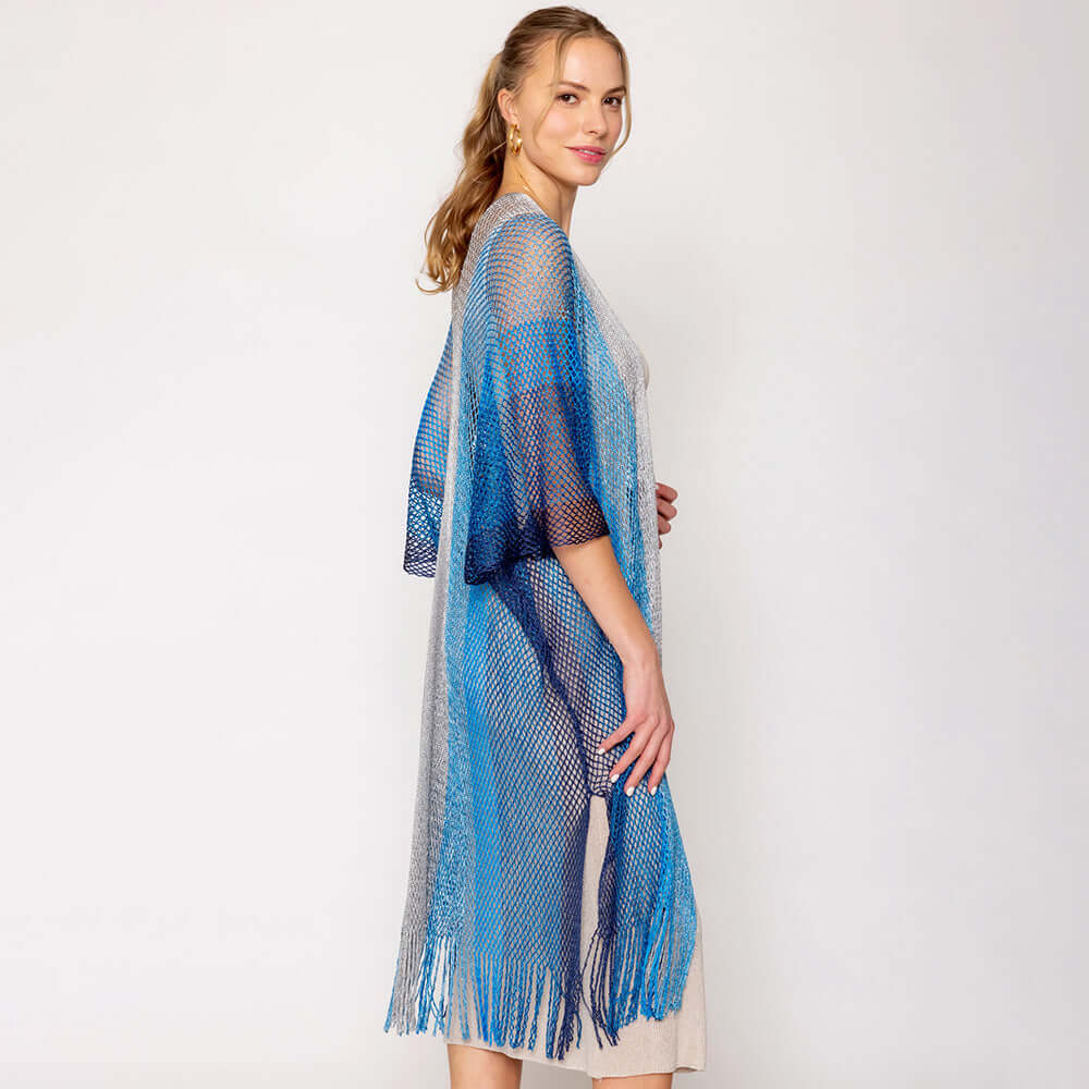 Turquoise Two-Tone Lurex Kimono Poncho for Women - M H W ACCESSORIES LLC