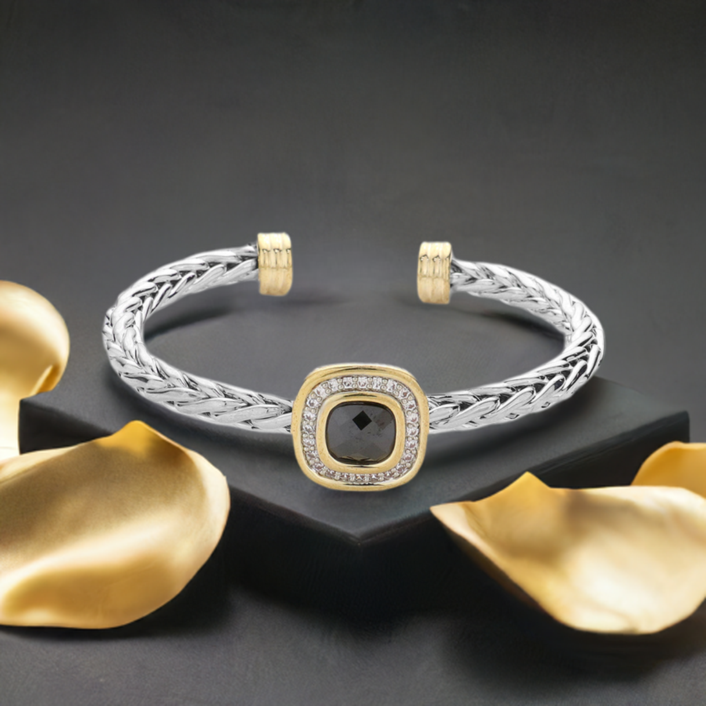 Two-Tone Black Cubic Zirconia Square Cable Cuff Bracelet for Women - M H W ACCESSORIES LLC