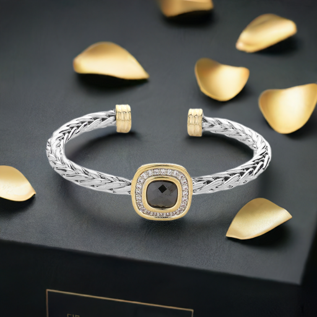 Two-Tone Black Cubic Zirconia Square Cable Cuff Bracelet for Women - M H W ACCESSORIES LLC