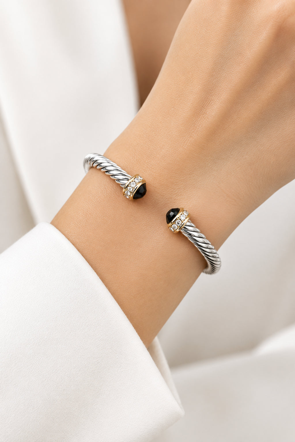 Two-Tone Silver Black Crystal Stainless Steel Cuff Bracelet - M H W ACCESSORIES LLC