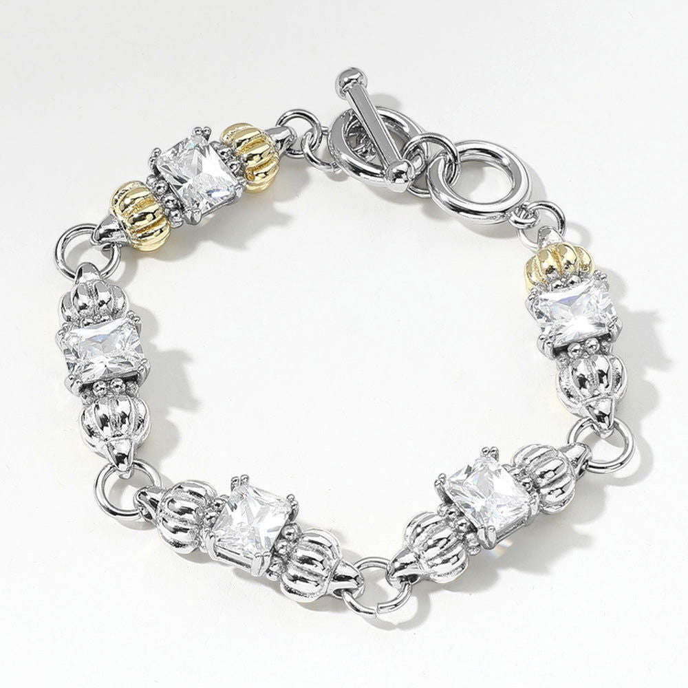 Two Tone CZ Stone Cluster Link Toggle Bracelet - M H W ACCESSORIES LLC