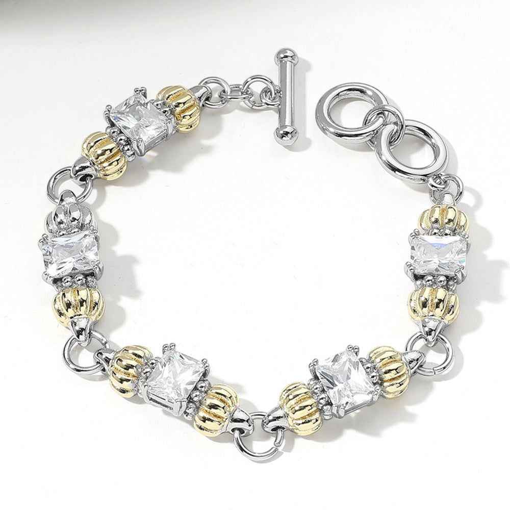 Two Tone CZ Stone Cluster Link Toggle Bracelet