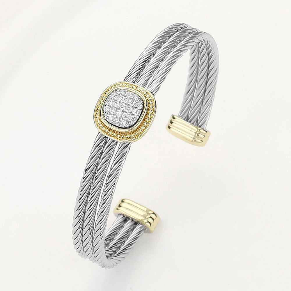 Two Tone CZ Stone Paved Square Accented Cuff Bracelet