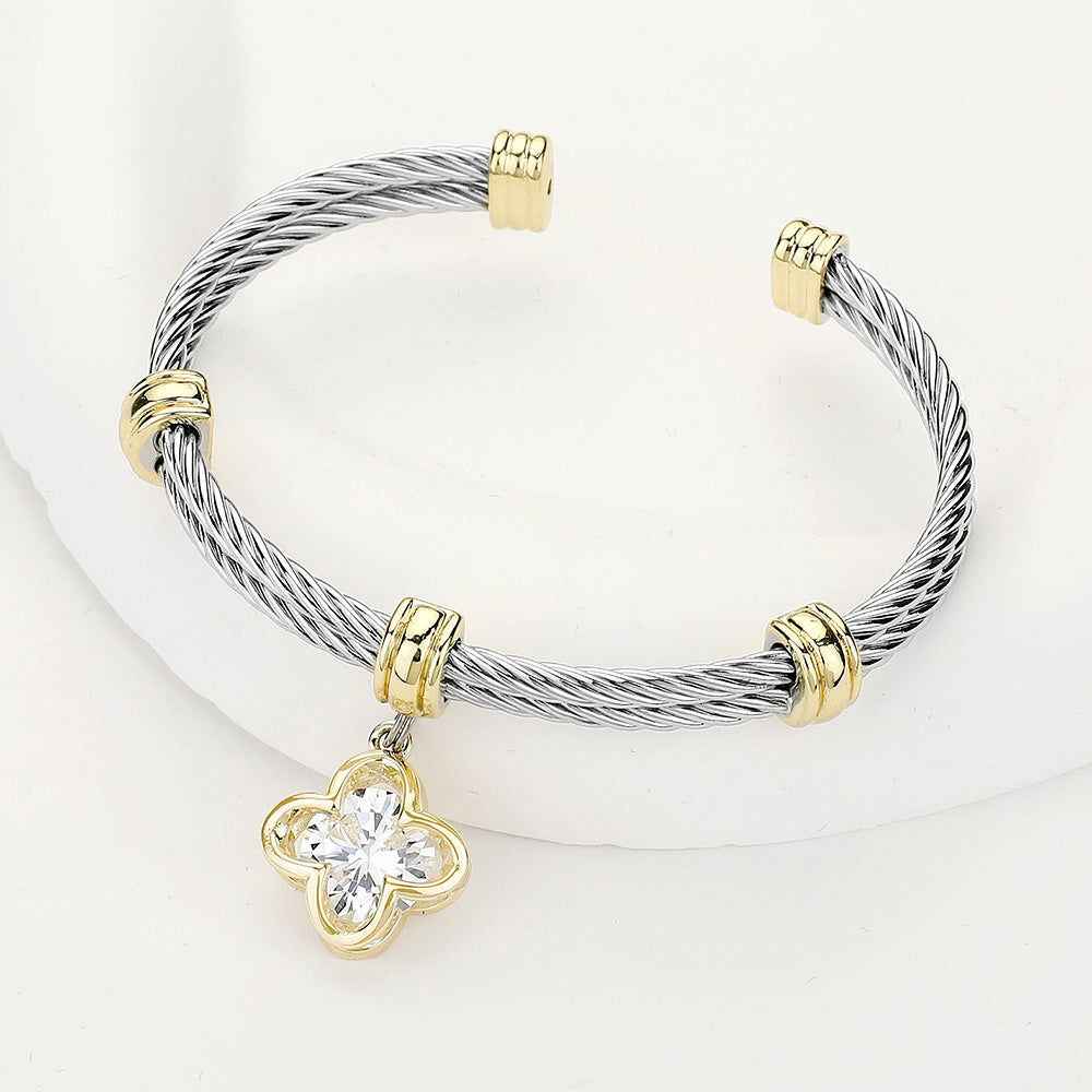 Two Tone CZ Stone Quatrefoil Charm Dangle Cuff Bracelet