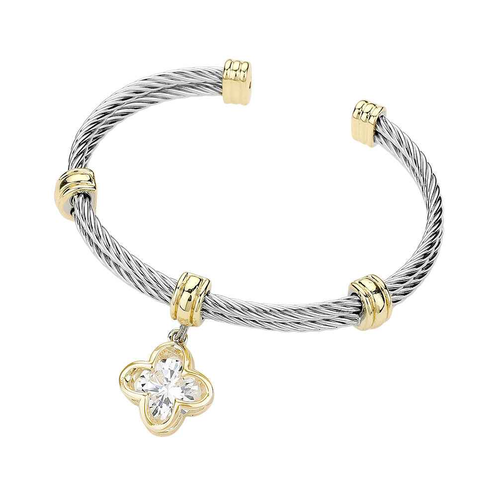 Two Tone CZ Stone Quatrefoil Charm Dangle Cuff Bracelet