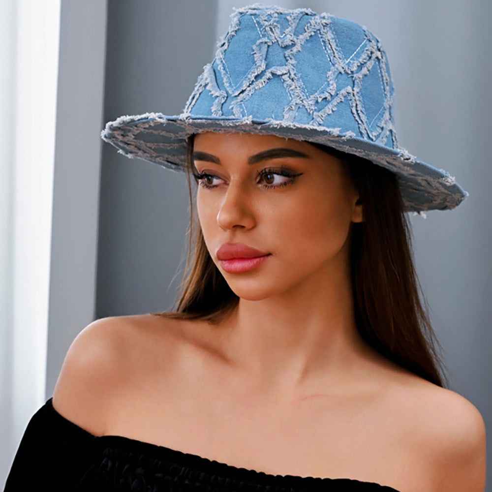 Vintage Frayed Blue Denim Fedora Hat
