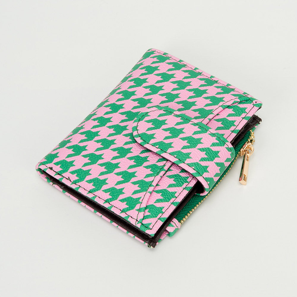 Pink & Green Metal Deco Accent Faux Leather Houndstooth Card Organizer Wallet M H W ACCESSORIES LLC Pink & Green Metal Deco Accent Faux Leather Houndstooth Card Organizer Wallet