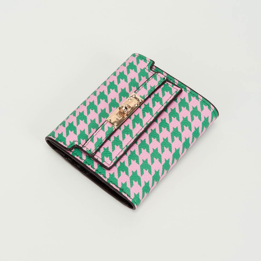 Pink & Green Metal Deco Accent Faux Leather Houndstooth Compact Fold Wallet M H W ACCESSORIES LLC Pink & Green Metal Deco Accent Faux Leather Houndstooth Compact Fold Wallet