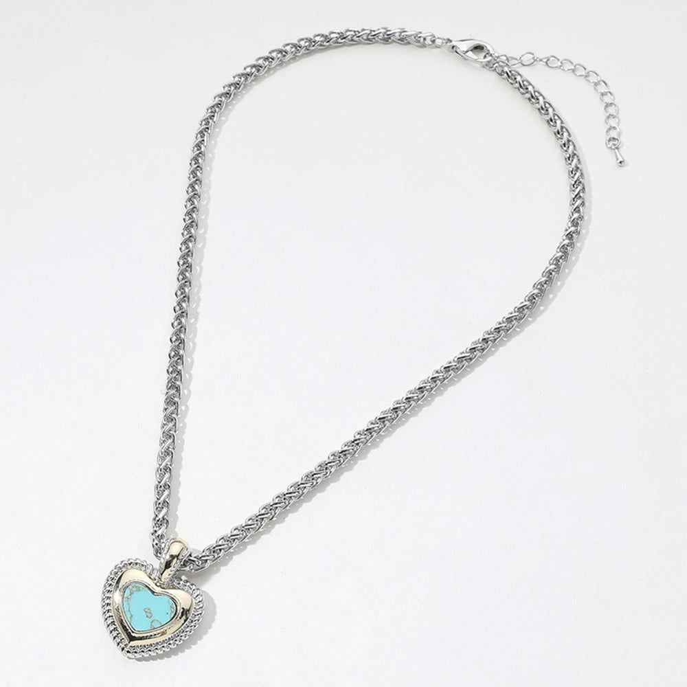 Western Turquoise Heart Stone Pendant Two Tone Pendant Necklace