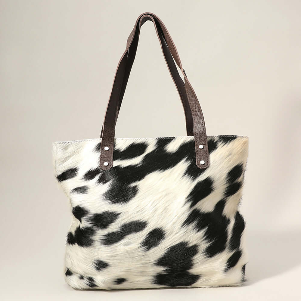 White Cow Patterned Genuine Fur Calf Tote Bag / Shoulder Bag - M H W ACCESSORIES LLC