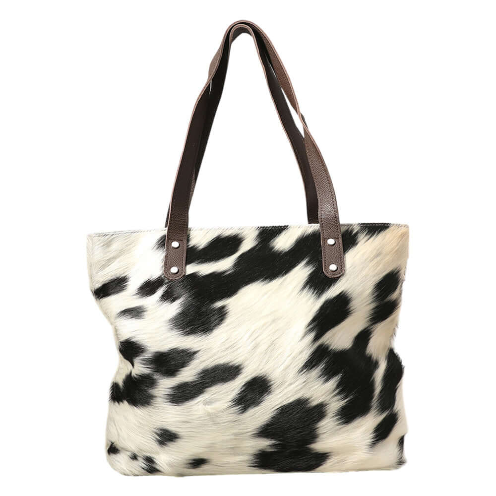 White Cow Patterned Genuine Fur Calf Tote Bag / Shoulder Bag - M H W ACCESSORIES LLC