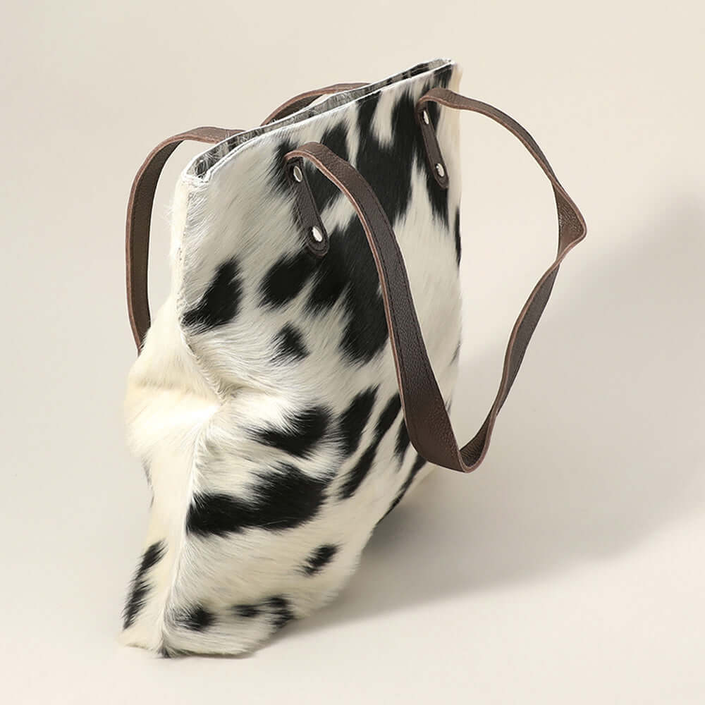 White Cow Patterned Genuine Fur Calf Tote Bag / Shoulder Bag - M H W ACCESSORIES LLC