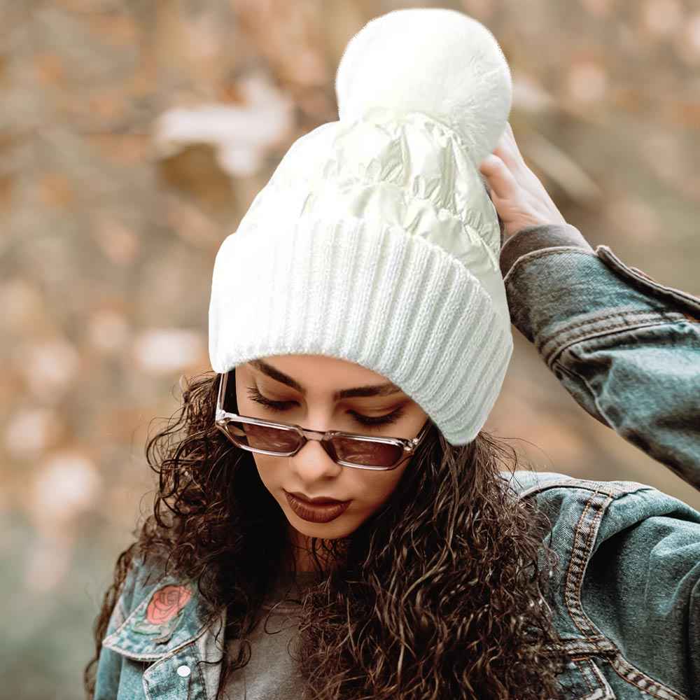 White Fleece Lining Puffer Knit Pom Pom Beanie Hat (Copy)