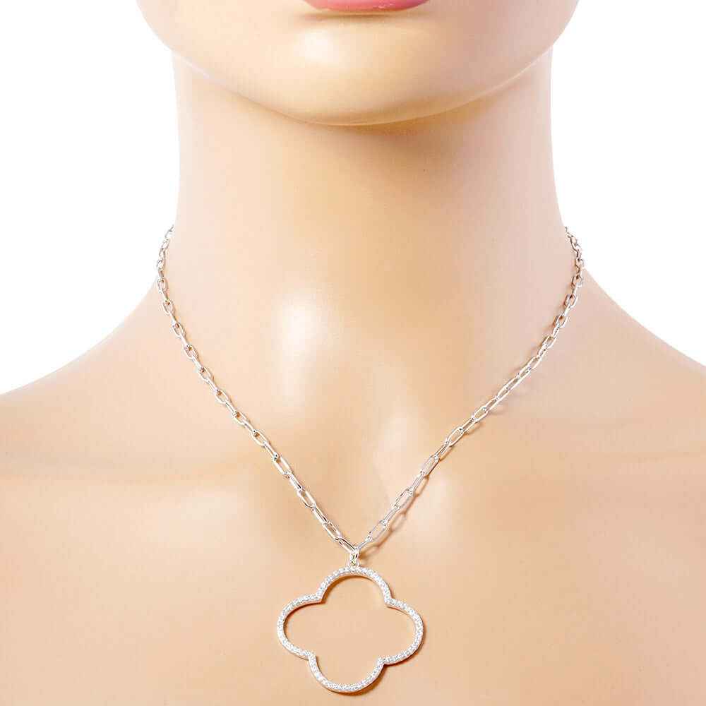 White Gold Dipped CZ Open Quatrefoil Pendant Necklace
