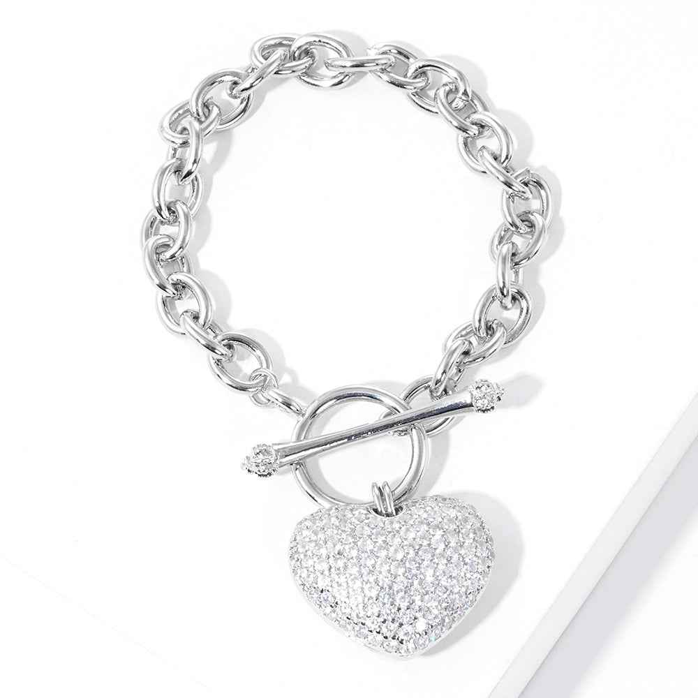 White Gold Dipped Rhinestone Heart Charm Toggle Bracelet-M H W ACCESSORIES