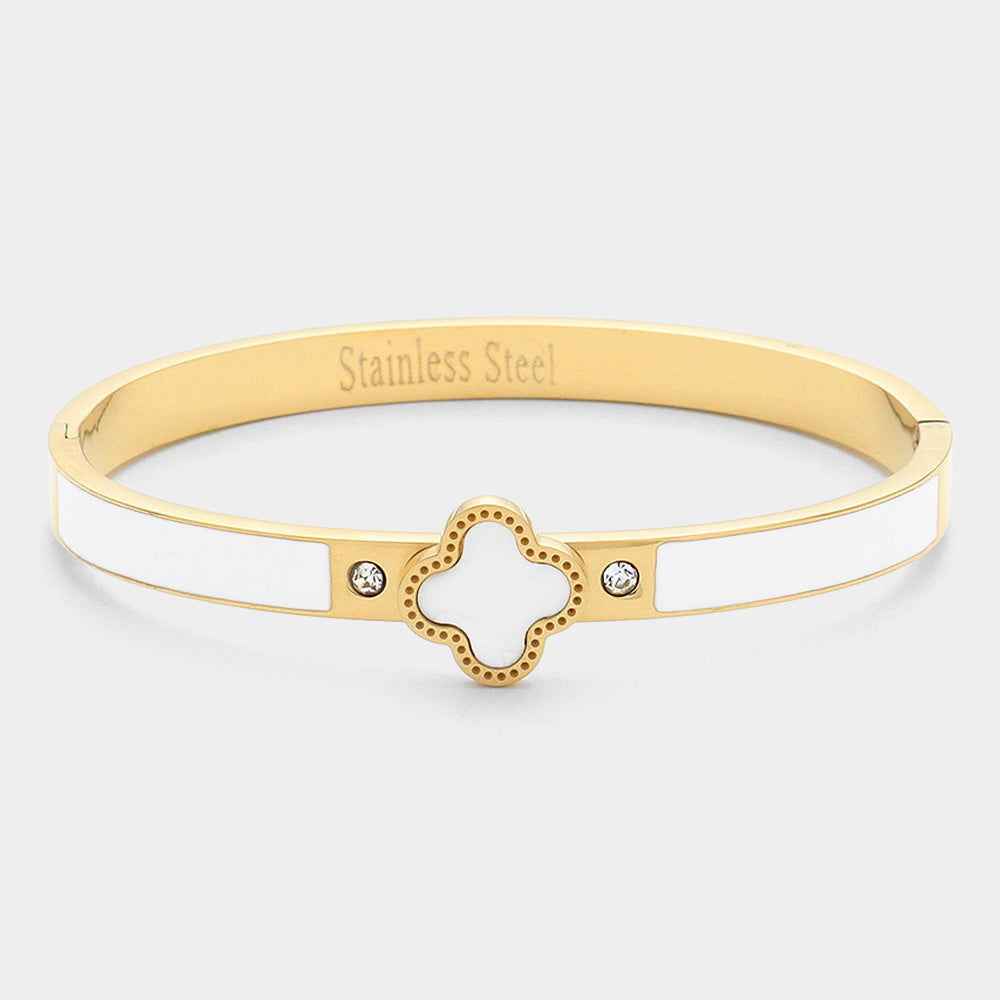 White Gold Quatrefoil Pointed Stainless Steel Hinged Bracelet