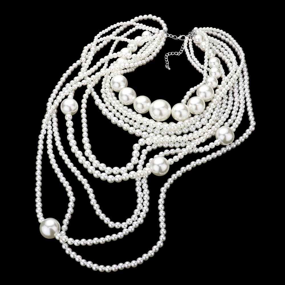 White Multi Layered Pearl Bib Necklace - M H W ACCESSORIES LLC