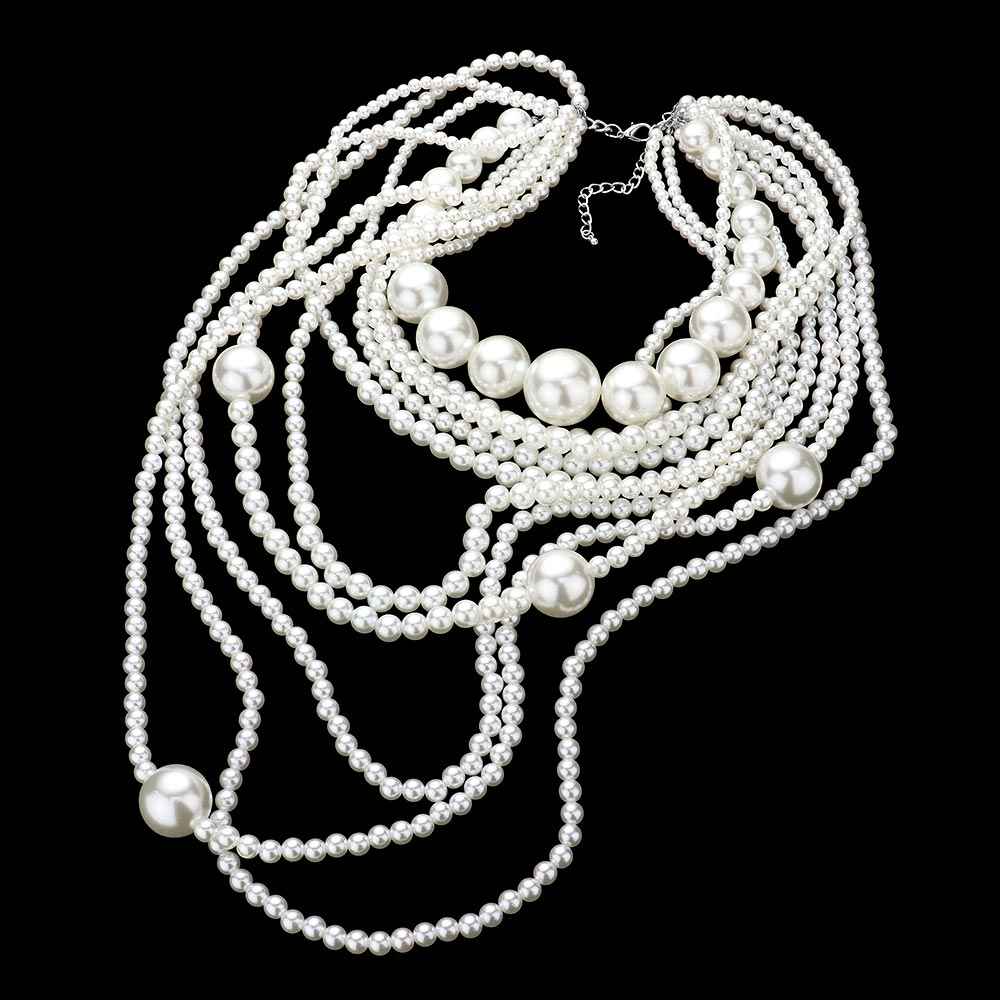 White Multi Layered Pearl Bib Necklace