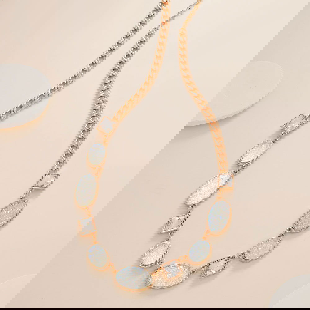 White Oval Druzy Square Stone Cluster Station Necklace - M H W ACCESSORIES LLC