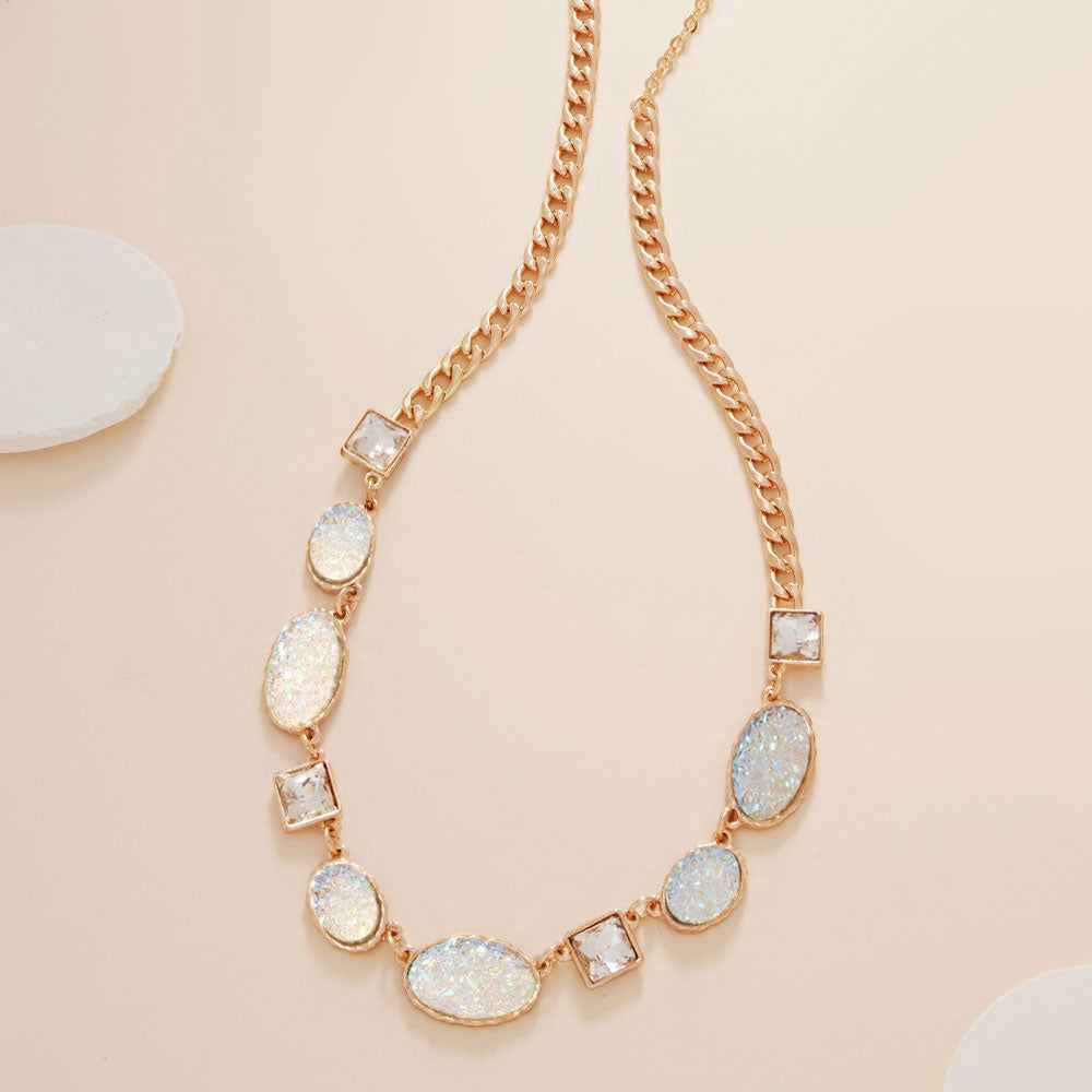 White Oval Druzy Square Stone Cluster Station Necklace