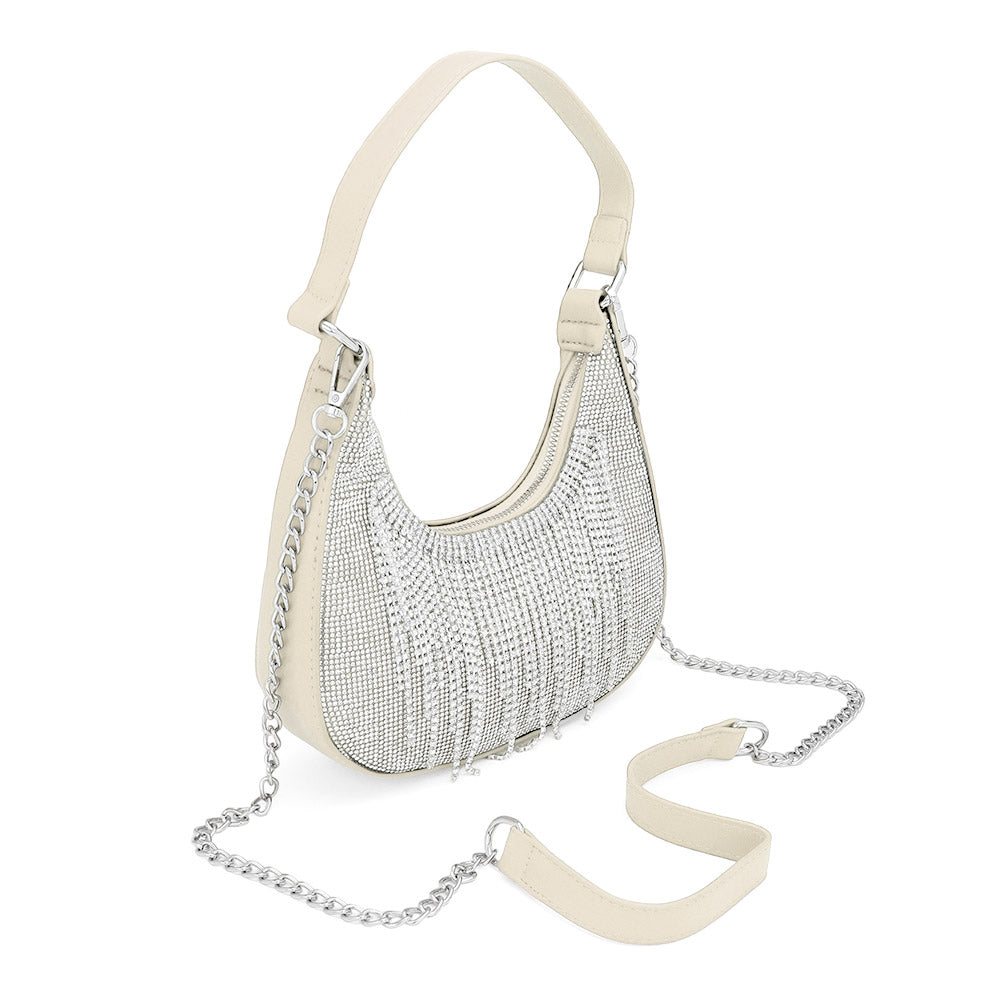White Rhinestone Fringe Evening Shoulder / Crossbody Bag - M H W ACCESSORIES LLC