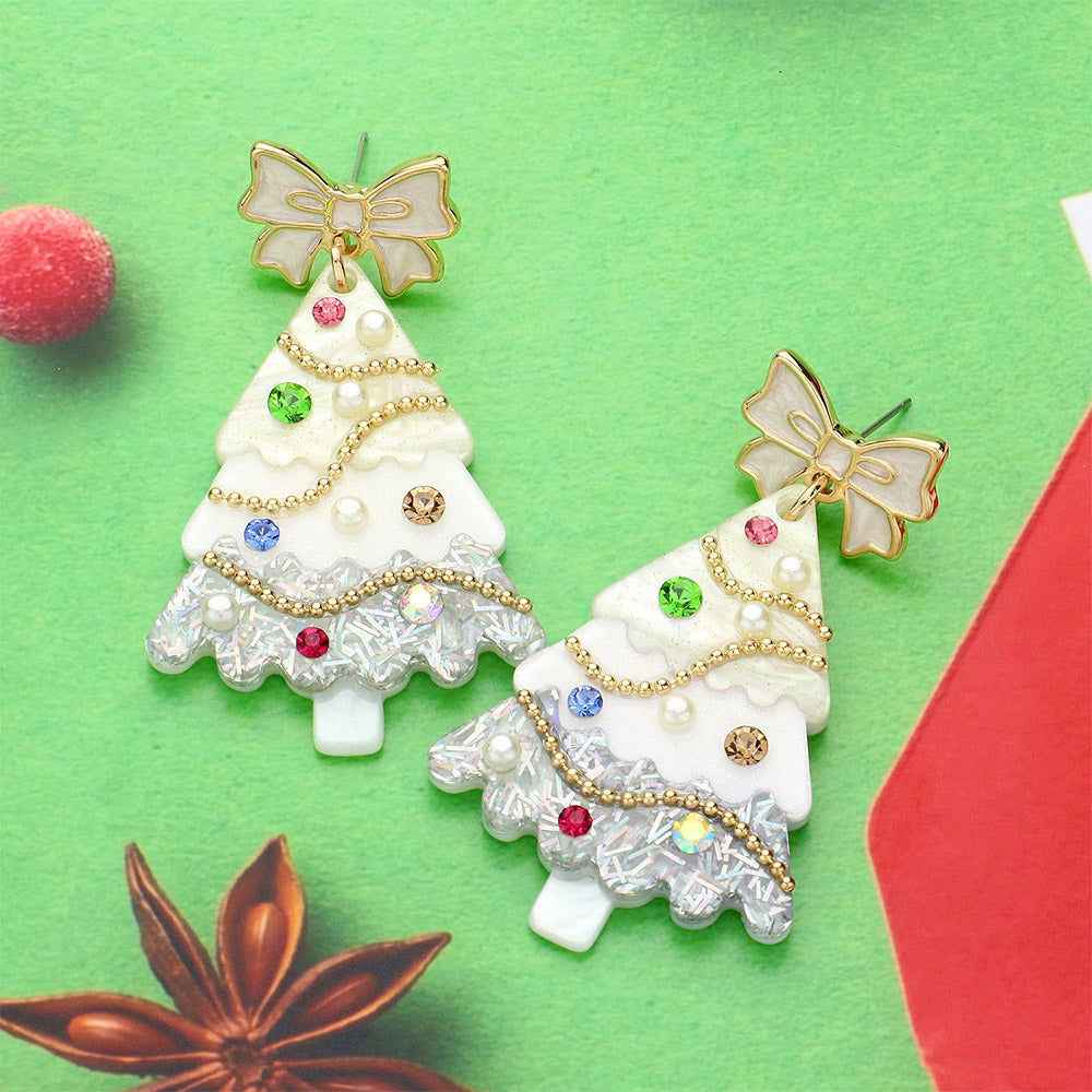 White Stone Pearl Embellished Resin Christmas Tree Dangle Earrings