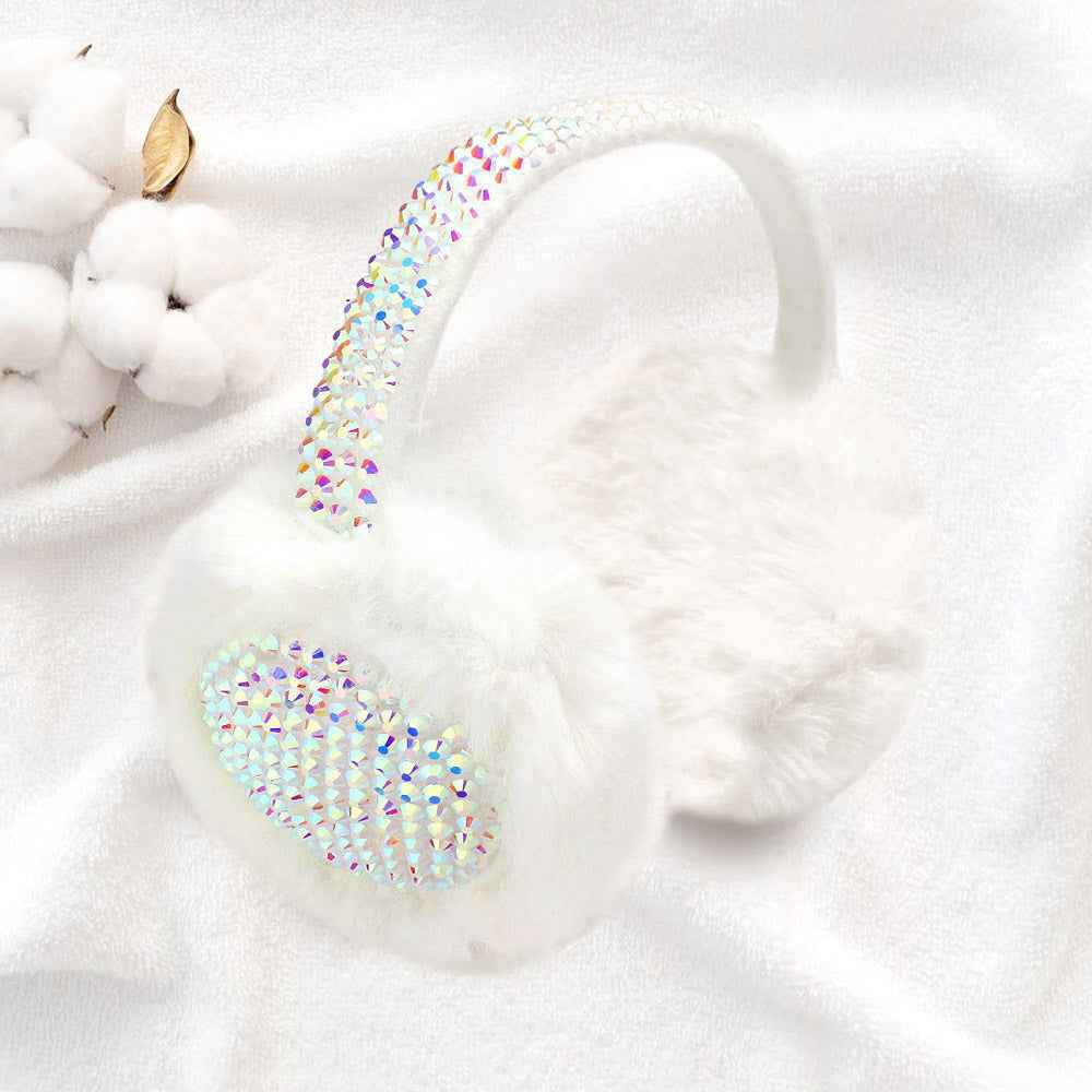 White Studded Fluffy Plush Fur Foldable Earmuff