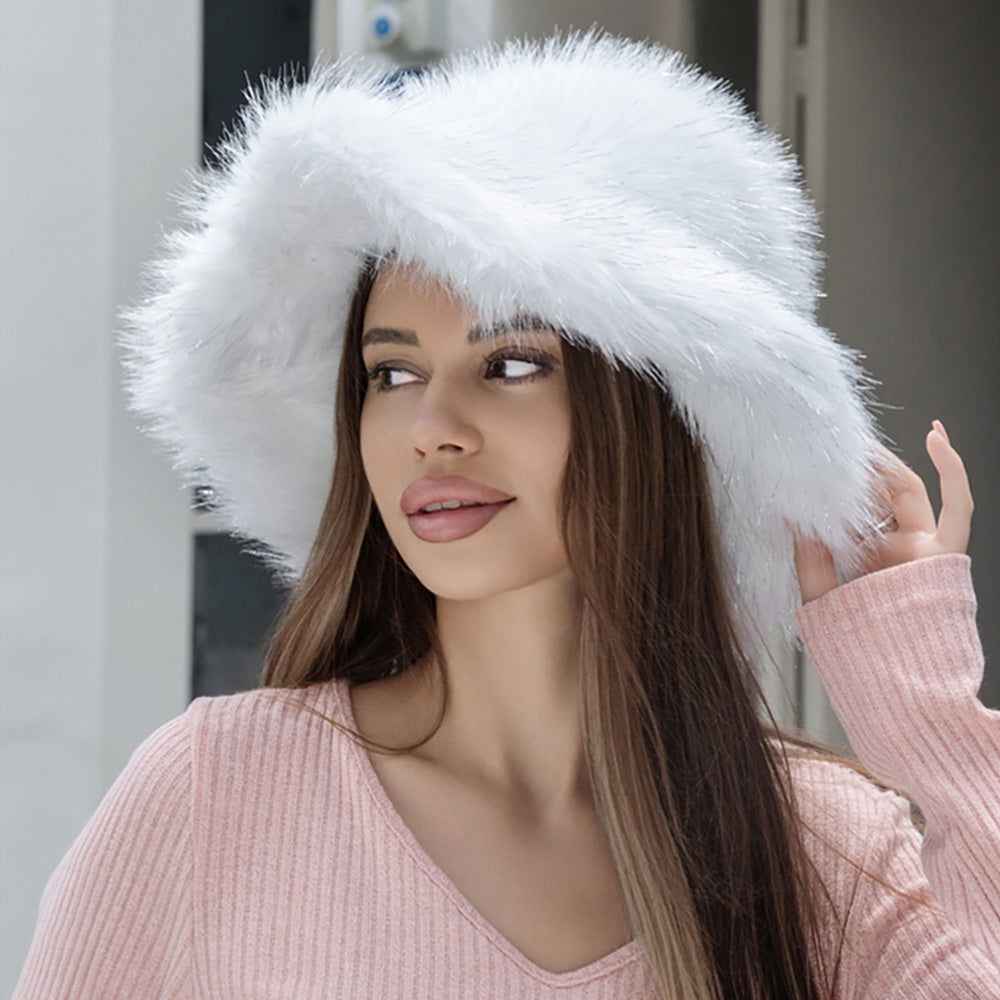 White Winter Fluffy Faux Fur Bucket Hat