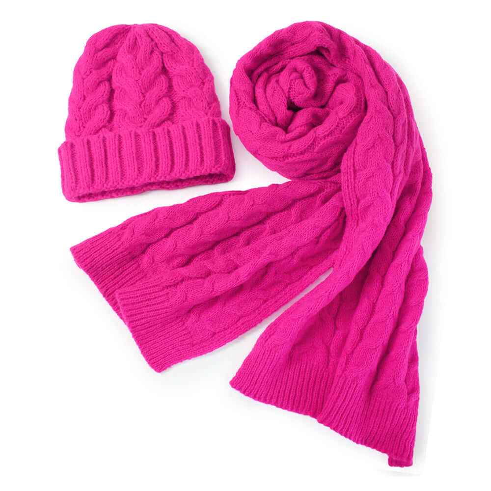 Women's Fuchsia Cable Knit Hat Scarf Set-M H W ACCESSORIES