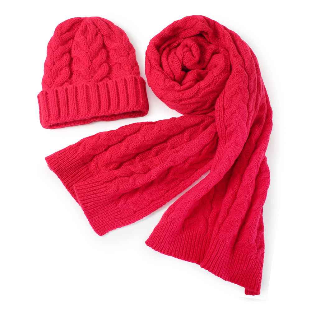 Women's Fuchsia Cable Knit Hat Scarf Set-M H W ACCESSORIES