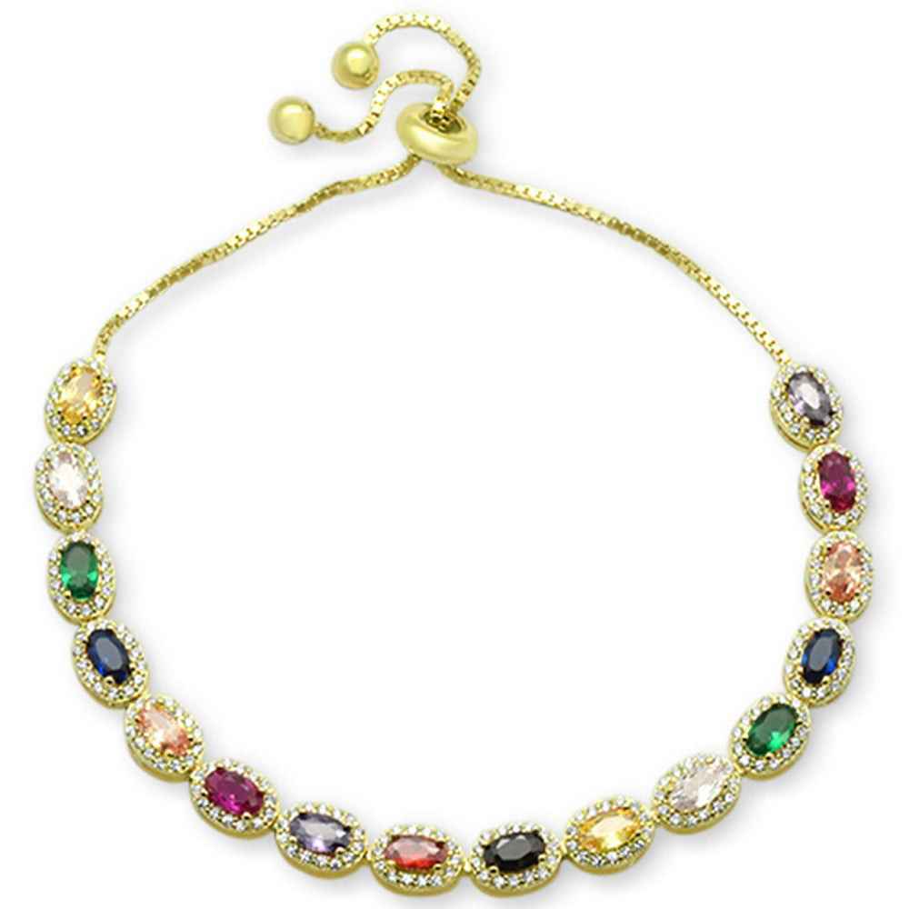 Yellow Gold Plated Oval Multicolor Gemstones CZ .925 Sterling Silver 7-9" Toggle Bolo Bracelet