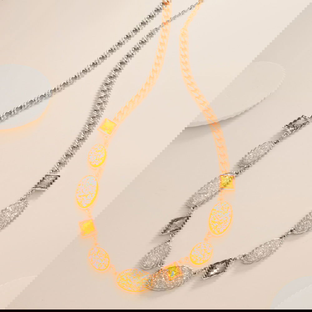 Yellow Oval Druzy Square Stone Cluster Station Necklace - M H W ACCESSORIES LLC