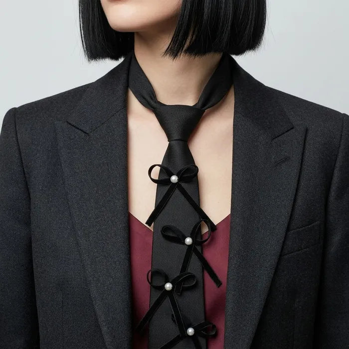 Black Pearl Ribbon Bow Necktie Necklace M H W ACCESSORIES LLC Black Pearl Ribbon Bow Necktie Necklace
