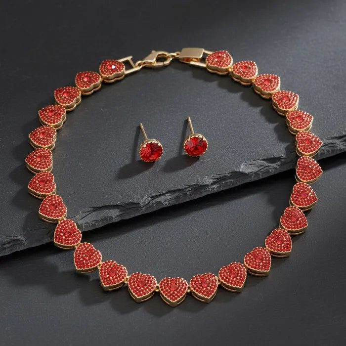 Chain Red Pave Heart Link Necklace Set for Women M H W ACCESSORIES LLC Chain Red Pave Heart Link Necklace Set for Women