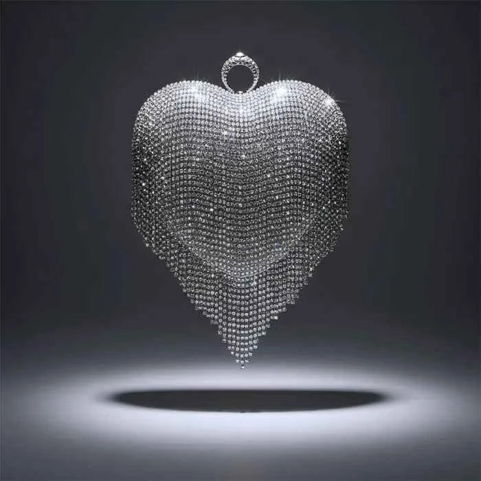 Clutch Silver Rhinestone Fringe Heart Hardcase Bag