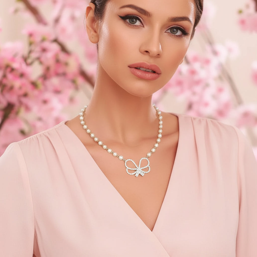 Cream Pearl Rhinestone Bow Necklace Set for Women M H W ACCESSORIES LLC Cream Pearl Rhinestone Bow Necklace Set for Women