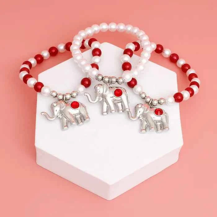Red & White Stone Paved Elephant Stretch Pearl Strand Bracelet