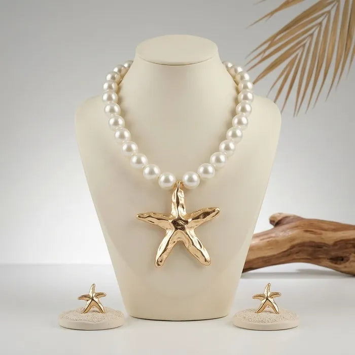 Gold Starfish Pendant Chunky Cream Pearl Necklace M H W ACCESSORIES LLC Gold Starfish Pendant Chunky Cream Pearl Necklace