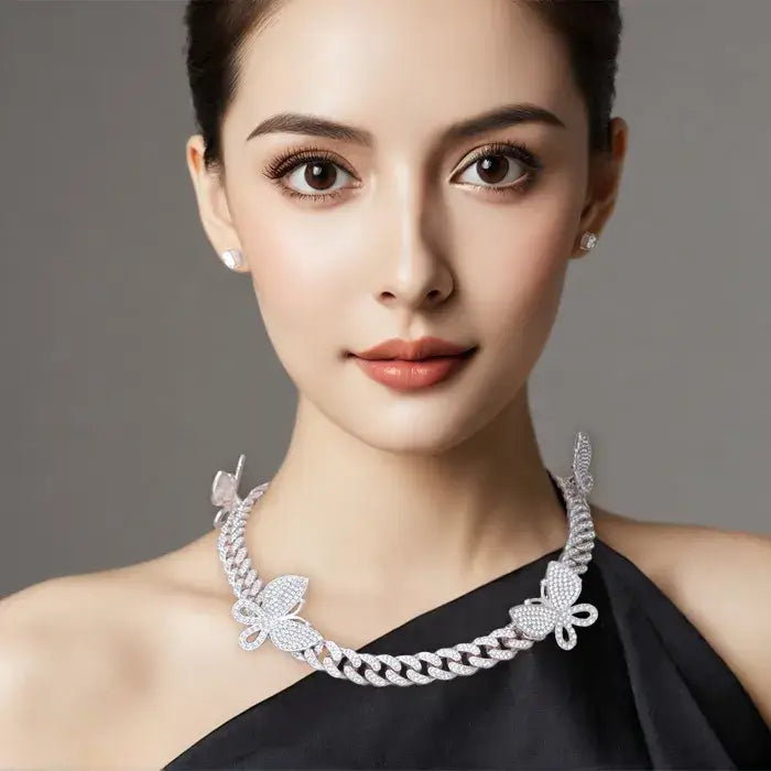 Women’s Cubic Zirconia Silver Butterfly Cuban Chain Set