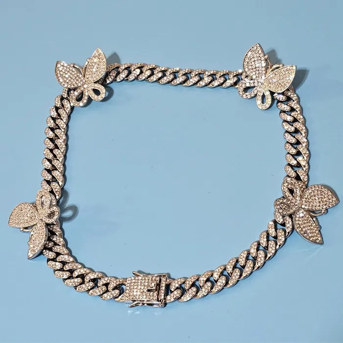 Women’s Cubic Zirconia Silver Butterfly Cuban Chain Set