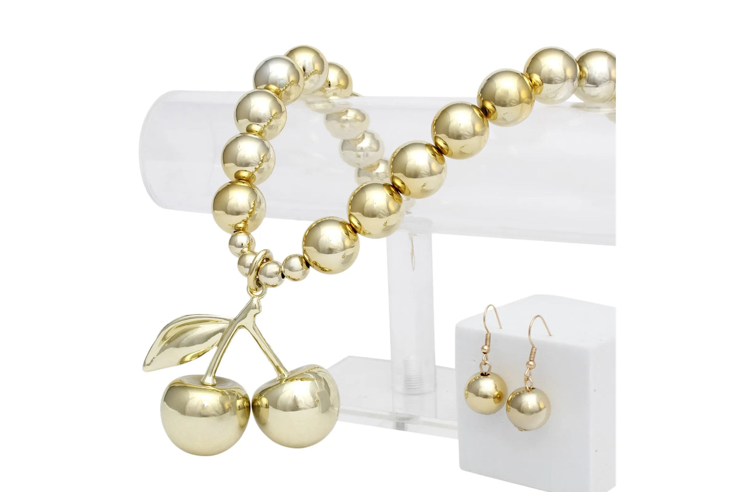 Glossy Gold Beaded Coquette Cherry Necklace