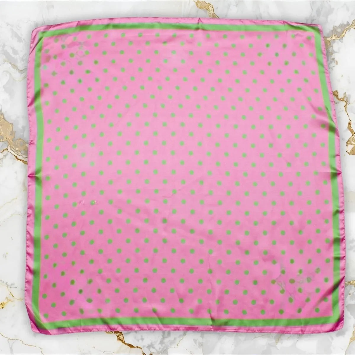 Pink & Green Polka Dot Pattern Printed Square Silky Satin Bandana Scarf