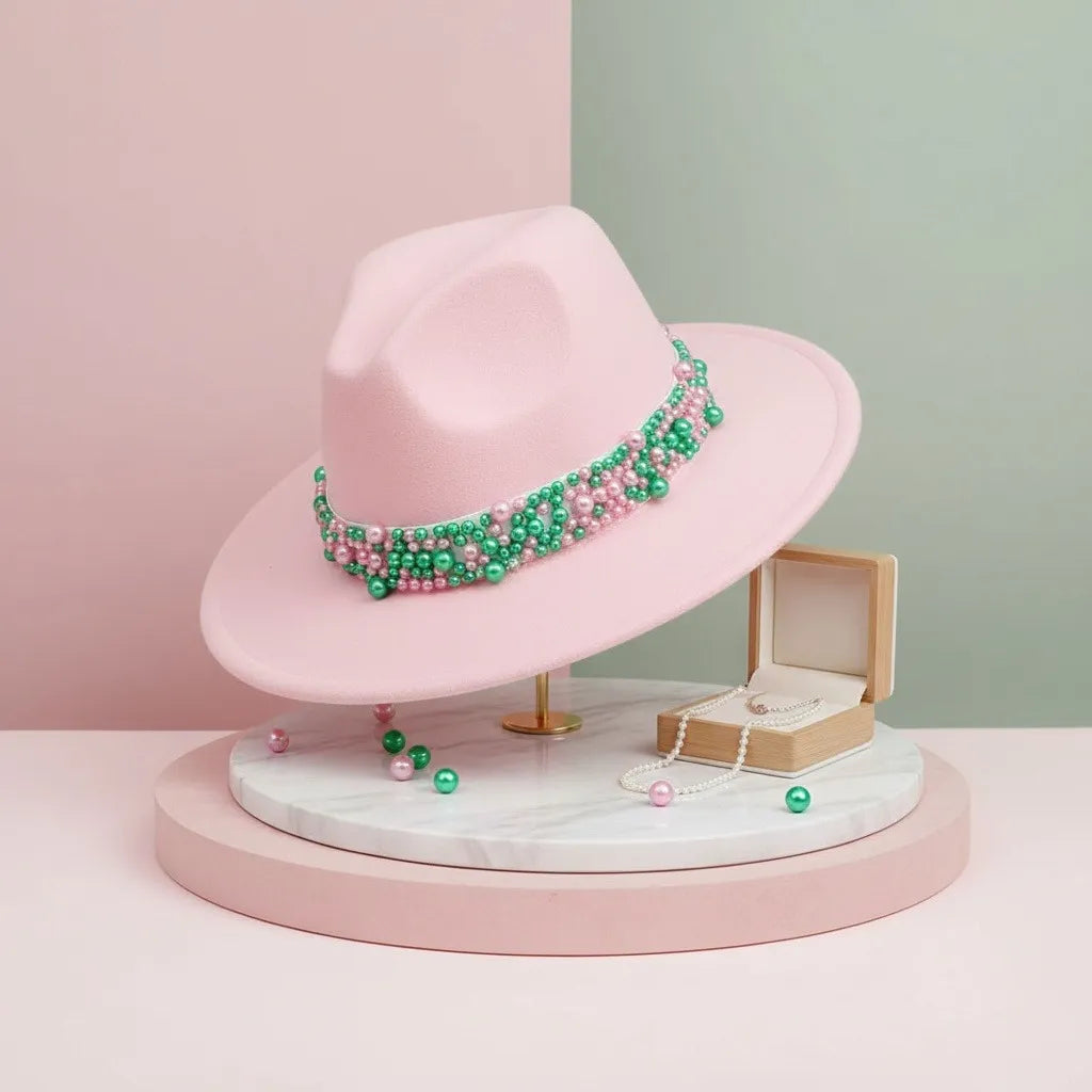 Pink & Green Fedora Pearl Band Hat for Women M H W ACCESSORIES LLC Pink & Green Fedora Pearl Band Hat for Women