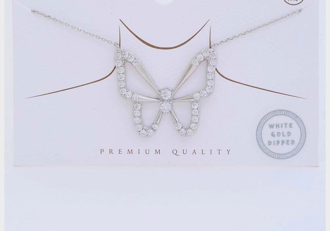 White Gold Dipped CZ Butterfly Pendant Necklace-M H W ACCESSORIES