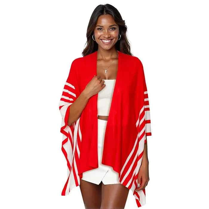 Red & White Two-Tone Ruana Poncho