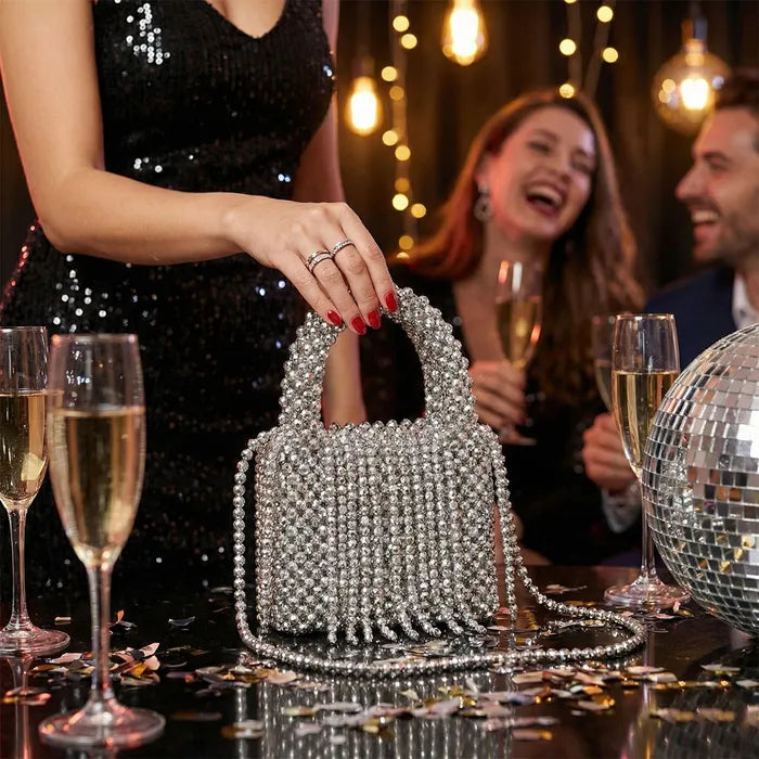 Top Handle Silver Tone Bead Woven Mini Fringe Handbag M H W ACCESSORIES LLC Top Handle Silver Tone Bead Woven Mini Fringe Handbag