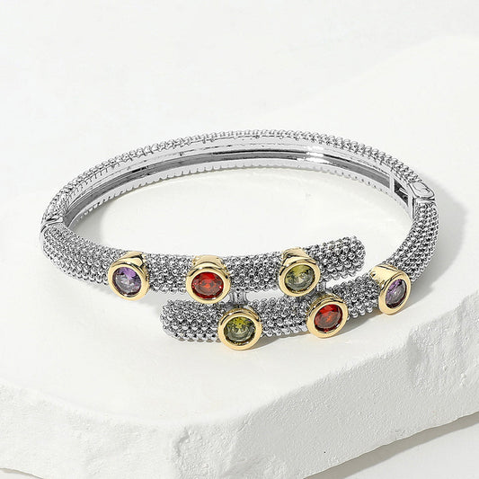 14K Gold Plated Colorful CZ Bezel Embellished Bangle Bracelet 2025 Fall Trend