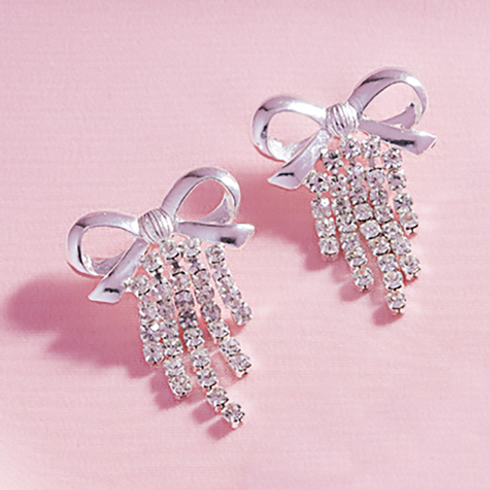 Silver-Rhinestone-Fringe-Bow-Earrings-Spring-Trend.-Bows-are-Back-in-Style M H W ACCESSORIES LLC